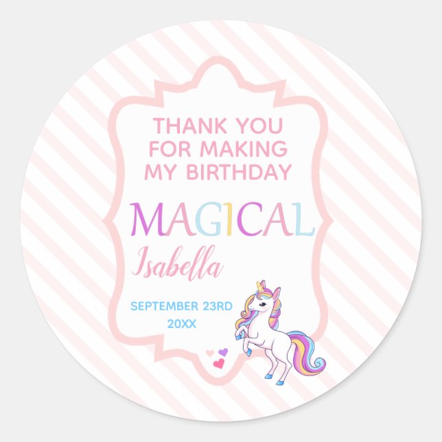 Pegatina Redonda Cute mágico Unicornio Rosa Gracias (Anverso)