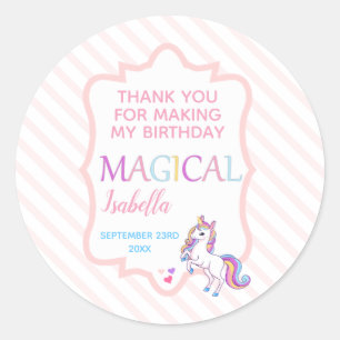 Pegatina Redonda Cute mágico Unicornio Rosa Gracias