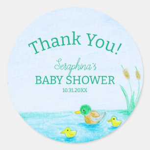 Pegatina Redonda Cute Mallard Duck Baby Shower Gracias