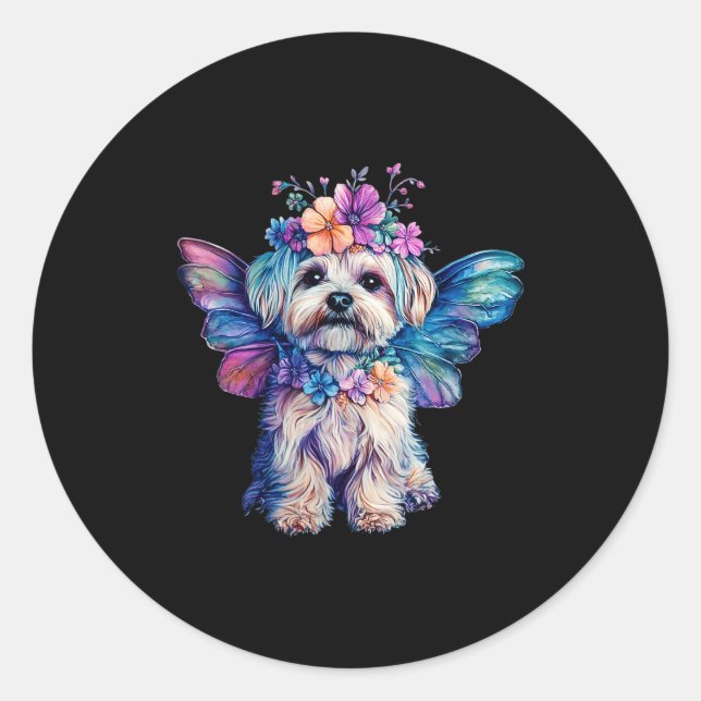 Pegatina Redonda Cute Maltese Dog Angel With Wings  (Anverso)