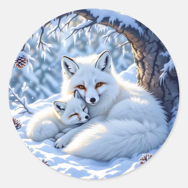 Pegatina Redonda Cute Mama and Baby White Foxes in the Snow (Anverso)