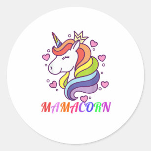 Pegatina Redonda Cute Mamacorn Unicorn Apertura de cumpleaños Rainb