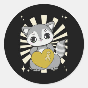 Pegatina Redonda Cute Mapache y Corazón de Listón por el Cáncer Inf