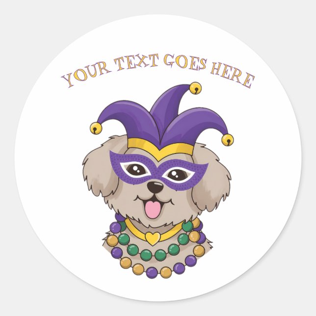 Pegatina Redonda Cute Mardi Gras Puppy Dog Custom Text (Anverso)