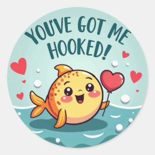 Pegatina Redonda Cute '¡Me has enganchado!' Fish Valentine