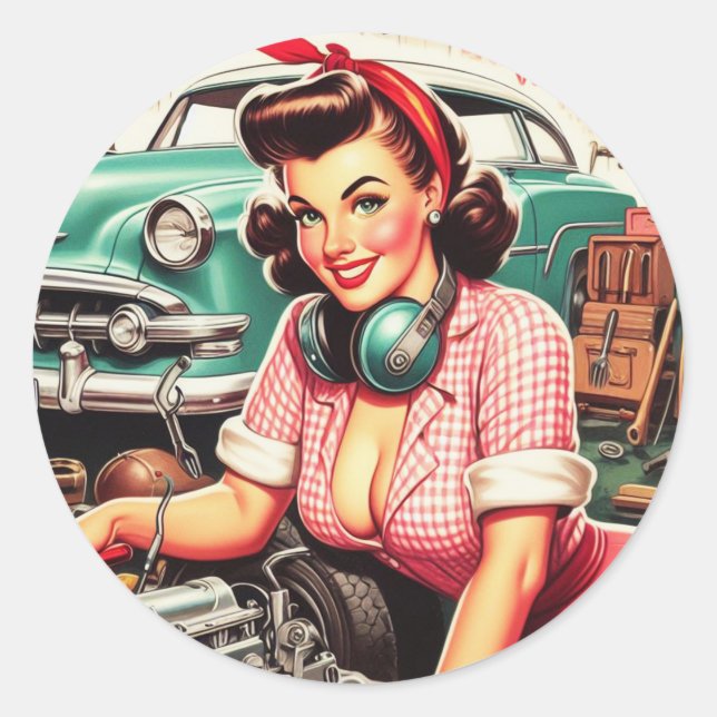 Pegatina Redonda Cute Mechanic Pin-up (Anverso)