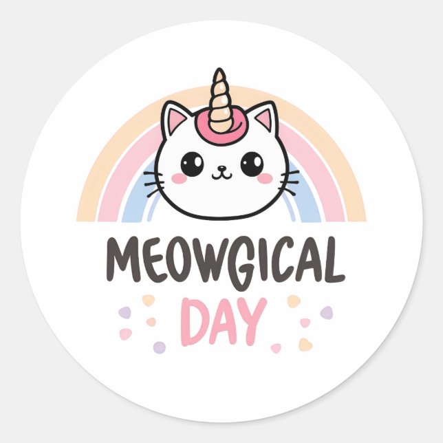 Pegatina Redonda Cute "Meowgical Day" Caticorn (Anverso)