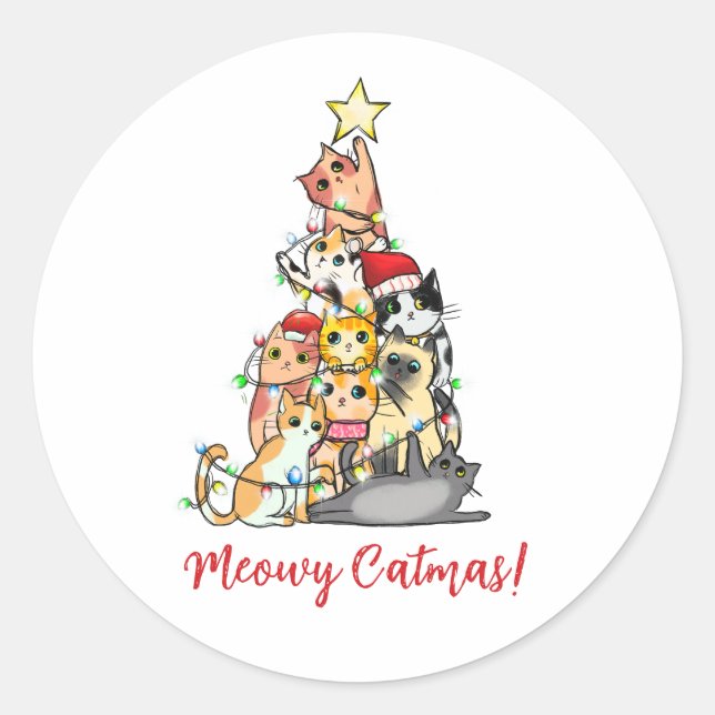Pegatina Redonda Cute Meowy Catmas Cats Árbol de Navidad (Anverso)