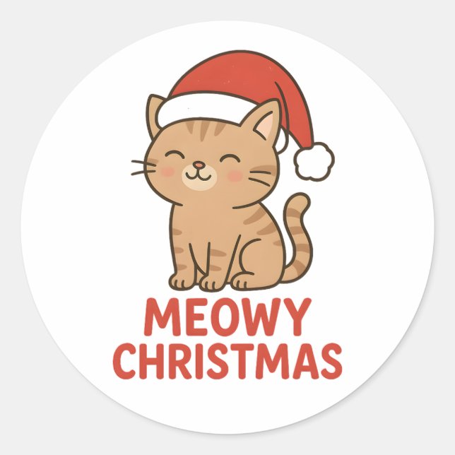 Pegatina Redonda Cute Meowy Christmas Cat Santa Hat (Anverso)