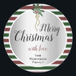 Pegatina Redonda Cute merry Christmas Design Silver con Mistletoe<br><div class="desc">Diseños de Zaubershirts - Un diseño navideño de bonito con una adorable mistletona con un marco de color X-Mas sobre un fondo de efecto plateado. Personalizar fácilmente estos stickers de Navidad a tu nombre y tu texto. Para una personalización adicional, envíeme un mensaje a continuación. ¡Me encantaría hacer realidad sus...</div>