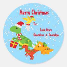 Pegatina Redonda Cute Merry Christmas Dinosaur Kids