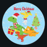 Pegatina Redonda Cute Merry Christmas Dinosaur Kids<br><div class="desc">Un lindo pegatina festivo de Navidades de dinosaurios festivos que muestra a un lindo personalizado de dinosaurios usando sombreros de santa y llevando un regalo o campanas con frases de Feliz Navidad arriba, y un fondo festivo de nieve azul. Pegatina perfecto para una tarjeta o regalo de Navidad para niños,...</div>