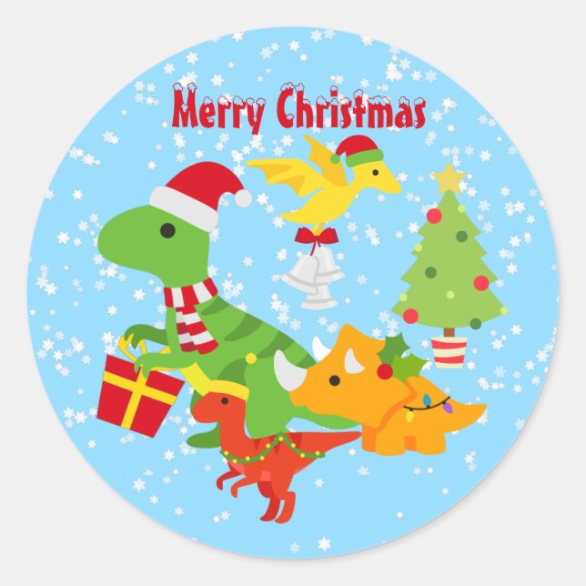 Pegatina Redonda Cute Merry Christmas Dinosaur Kids (Anverso)