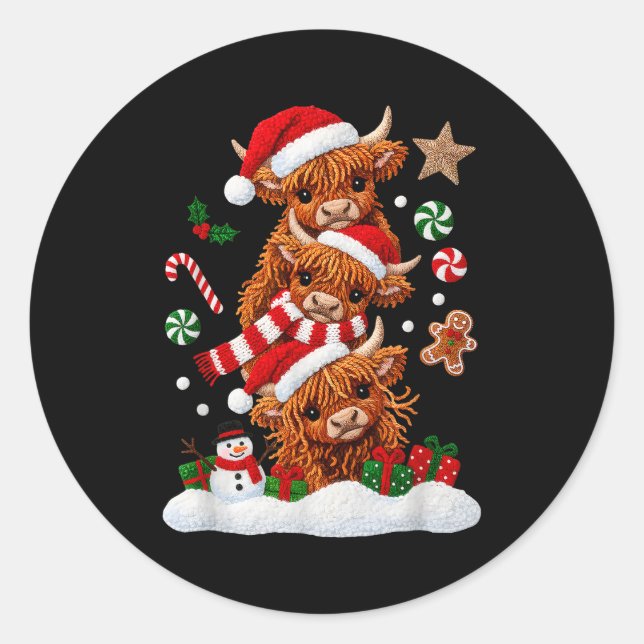 Pegatina Redonda Cute Merry Christmas Highland Cow Christmas Santa  (Anverso)