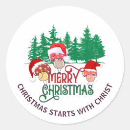 Pegatina Redonda Cute MERRY CHRISTMAS MUSHROOM Christian