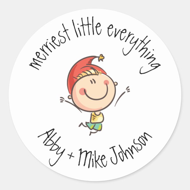Pegatina Redonda Cute Merry Everything Elf Santa Hat Ilustracion (Anverso)