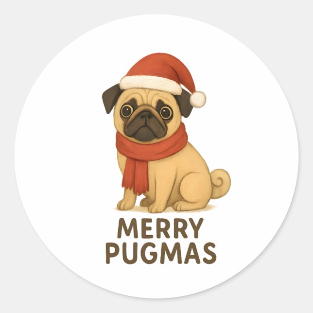 Pegatina Redonda Cute Merry Pugmas Festive Holiday Pug (Anverso)