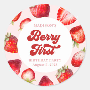 Pegatina Redonda Cute moderno Boho Strawberry Berry Primer cumpleañ