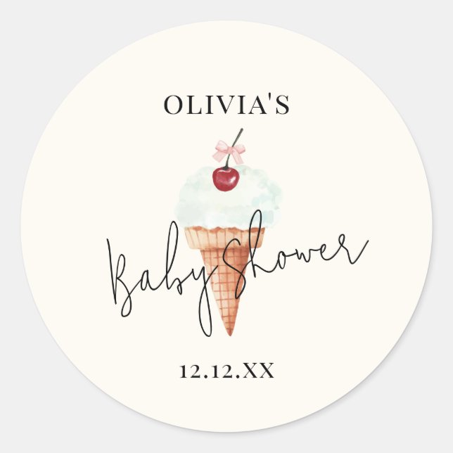 Pegatina Redonda Cute moderno Cherry Scoop Ice Cream Baby Shower (Anverso)