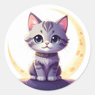 Pegatina Redonda Cute Moon Cat Sticker – Magical Kitten on Crescent