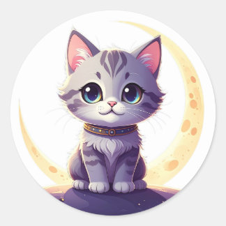 Pegatina Redonda Cute Moon Cat Sticker – Magical Kitten on Crescent