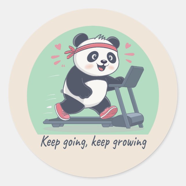 Pegatina Redonda Cute Motivational Panda on Treadmill (Anverso)