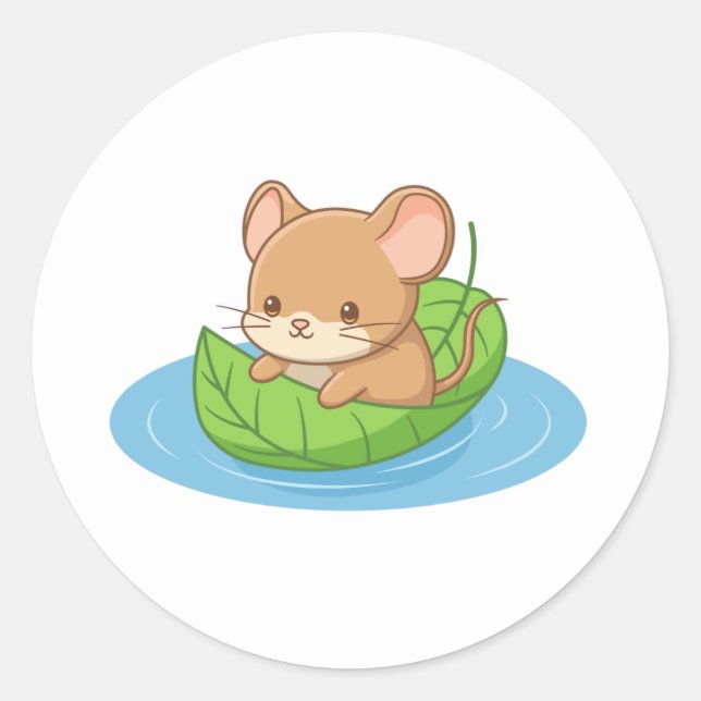Pegatina Redonda Cute Mouse in a Leaf Boat (Anverso)