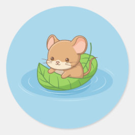 Pegatina Redonda Cute Mouse in a Leaf Boat Blue