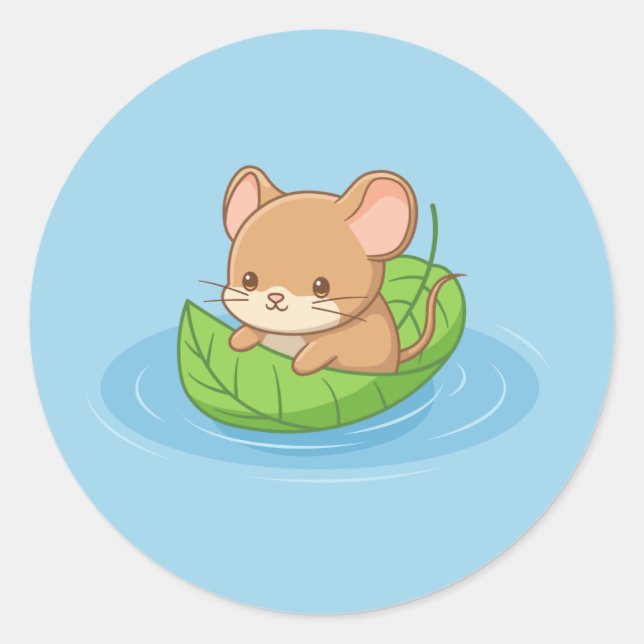 Pegatina Redonda Cute Mouse in a Leaf Boat Blue (Anverso)