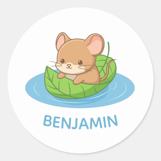 Pegatina Redonda Cute Mouse in a Leaf Boat Custom Name (Anverso)
