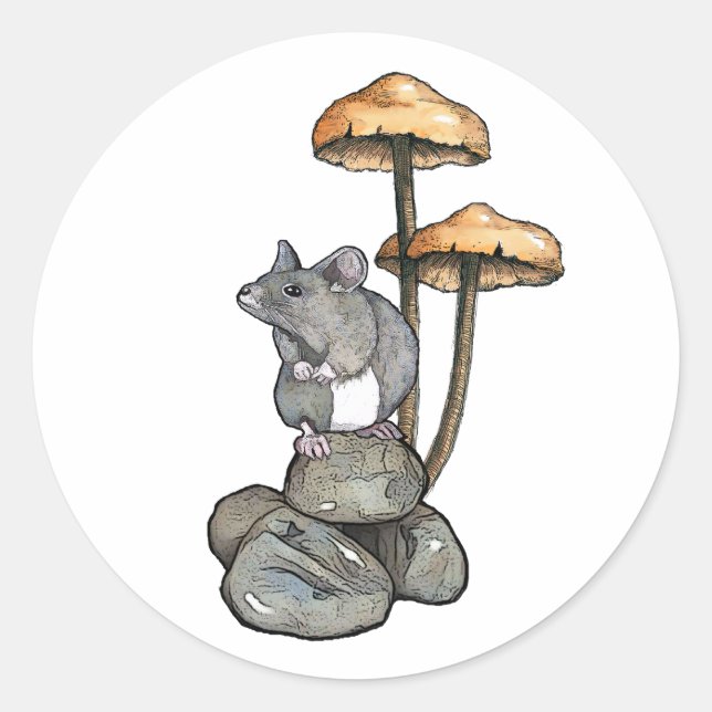 Pegatina Redonda Cute Mouse Standing on Rocks, with Mushrooms (Anverso)