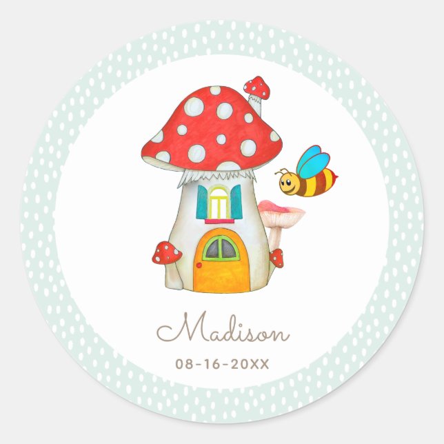 Pegatina Redonda Cute Mushroom Cottage Fantasy Woodland Cumpleaños (Anverso)