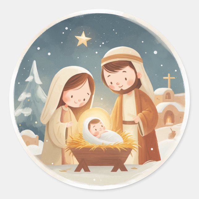 Pegatina Redonda Cute Nativity Christmas (Anverso)