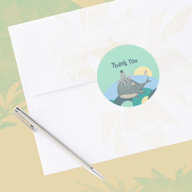 Pegatina Redonda Cute Nautical Whale Squid Green Baby Shower (Cute Nautical Whale Squid Green Baby Shower Classic Round Sticker ©Susanne Sachers Sunny Mind Design)