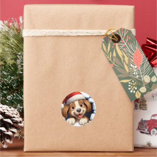 Pegatina Redonda Cute Navidades Perro a través de la pared ilustrad