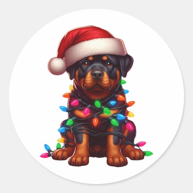Pegatina Redonda Cute Navidades Rottweiler (Anverso)