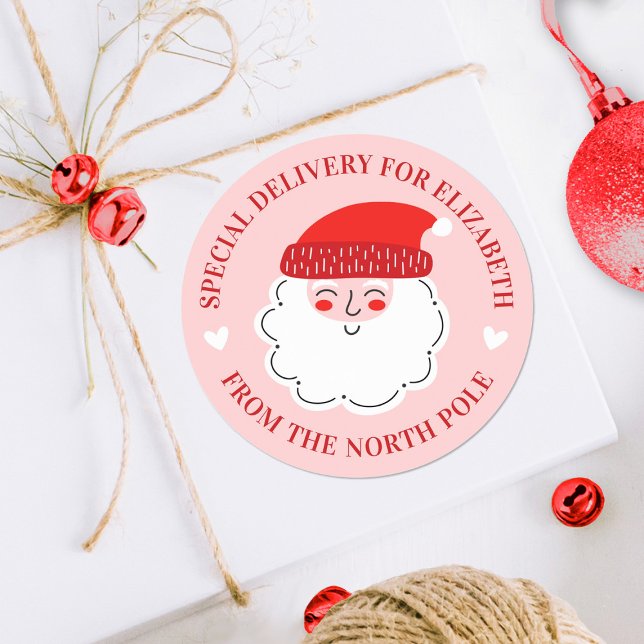 Pegatina Redonda Cute Navidades Santa entrega especial Polo Norte (A cute pink and red Santa Claus special delivery sticker. Great for decorating Christmas gifts.)