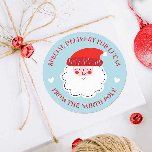 Pegatina Redonda Cute Navidades Santa entrega especial Polo Norte (A cute Santa claus special delivery sticker for decorating your Christmas gifts.)
