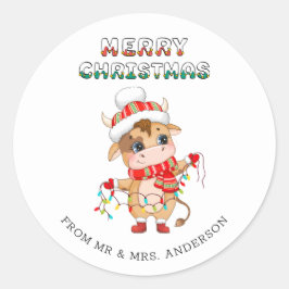 Pegatina Redonda Cute Navidades Vaca con traje de invierno