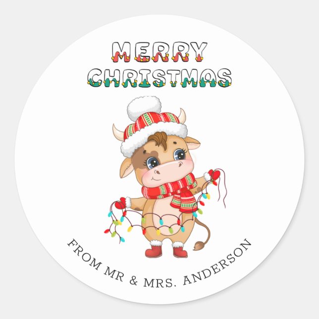 Pegatina Redonda Cute Navidades Vaca con traje de invierno (Anverso)