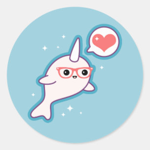 Pegatina Redonda Cute Nerd Narwhal
