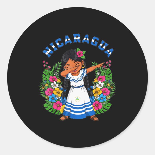 Pegatina Redonda Cute Nicaragua Girl Dabbing Traditional Dress With (Anverso)