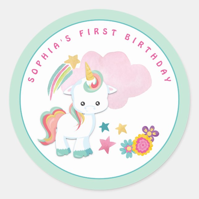 Pegatina Redonda Cute nombre de unicornio primer cumpleaños partido (Anverso)