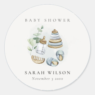 Pegatina Redonda Cute Nursery Essential Leafy Blue Boy Baby Shower