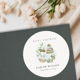 Pegatina Redonda Cute Nursery Essential Leafy Green Baby Shower