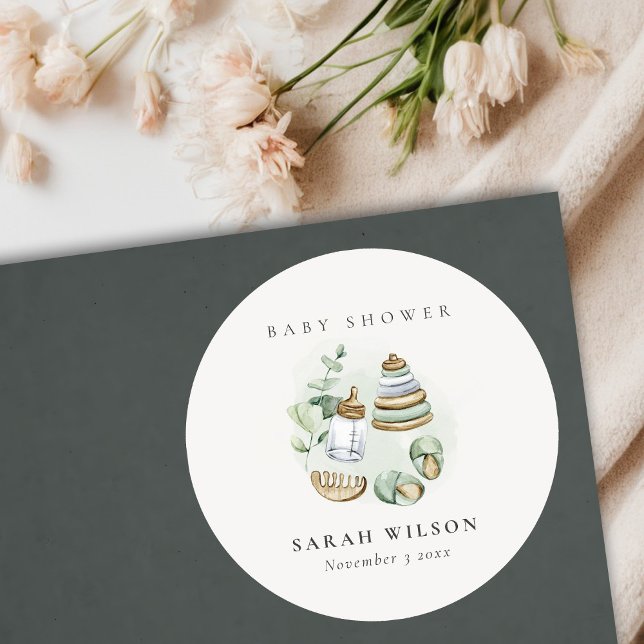 Pegatina Redonda Cute Nursery Essential Leafy Green Baby Shower (Subido por el creador)