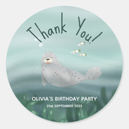 Pegatina Redonda Cute Ocean Seal Gracias Niños Púrpura Cumpleaños