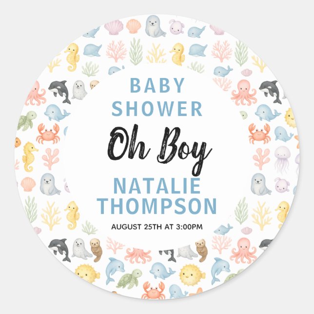 Pegatina Redonda Cute Ocean Under the Sea Animal Baby Shower (Anverso)