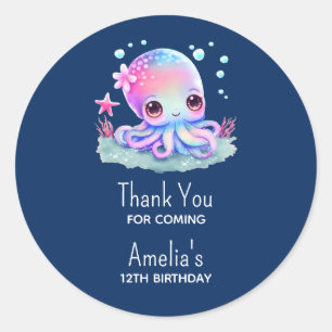Pegatina Redonda Cute Octopus Sea Creature Cumpleaños Gracias