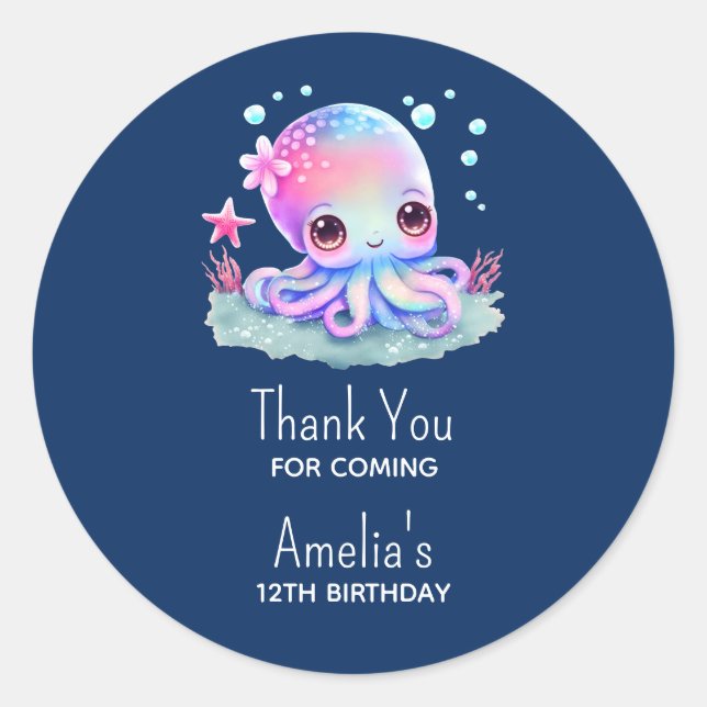 Pegatina Redonda Cute Octopus Sea Creature Cumpleaños Gracias (Anverso)